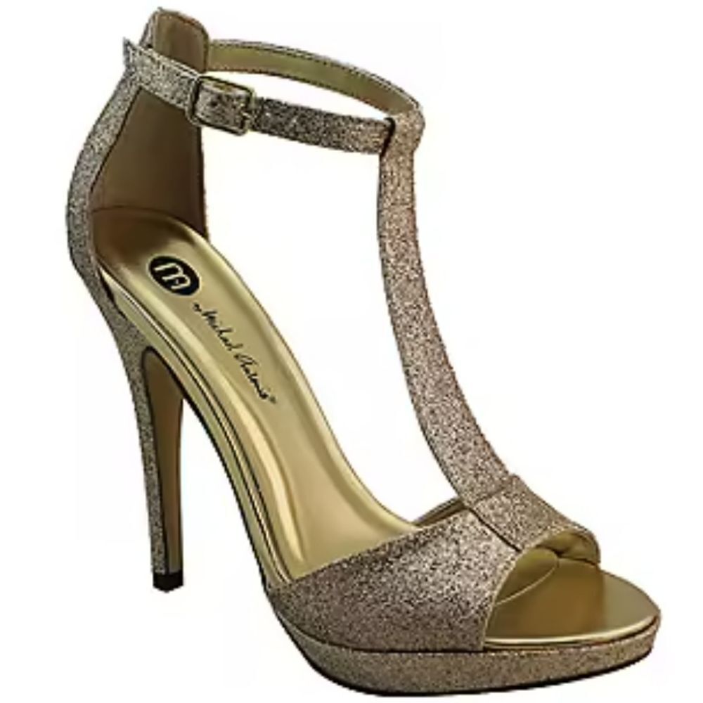 M BY MICHEAL ANTONIO GOLD SHIMMER GLITTER EMBROIDERY HIGH HEEL STILETTOS SANDAL